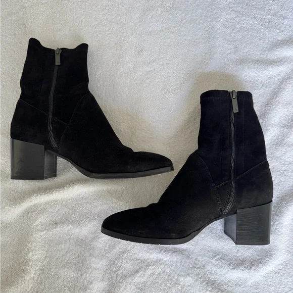 Aquatalia Tia Weatherproof Stacked Heel Stretch Black Suede Booties Ankle Boots - Picture 6 of 8